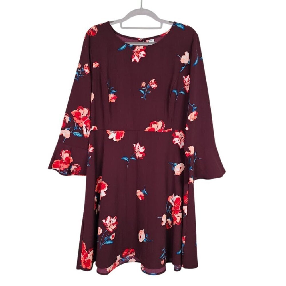 OLD NAVY Fit & Flare Dress size L Long Flute Sleeves BURGUNDY RED Floral Cute! - Picture 1 of 11